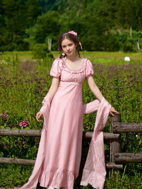 Pink Regency Era Dress with Ruffled Neckline and Puff Sleeves – Bridgerton Inspired Dress Plus Size